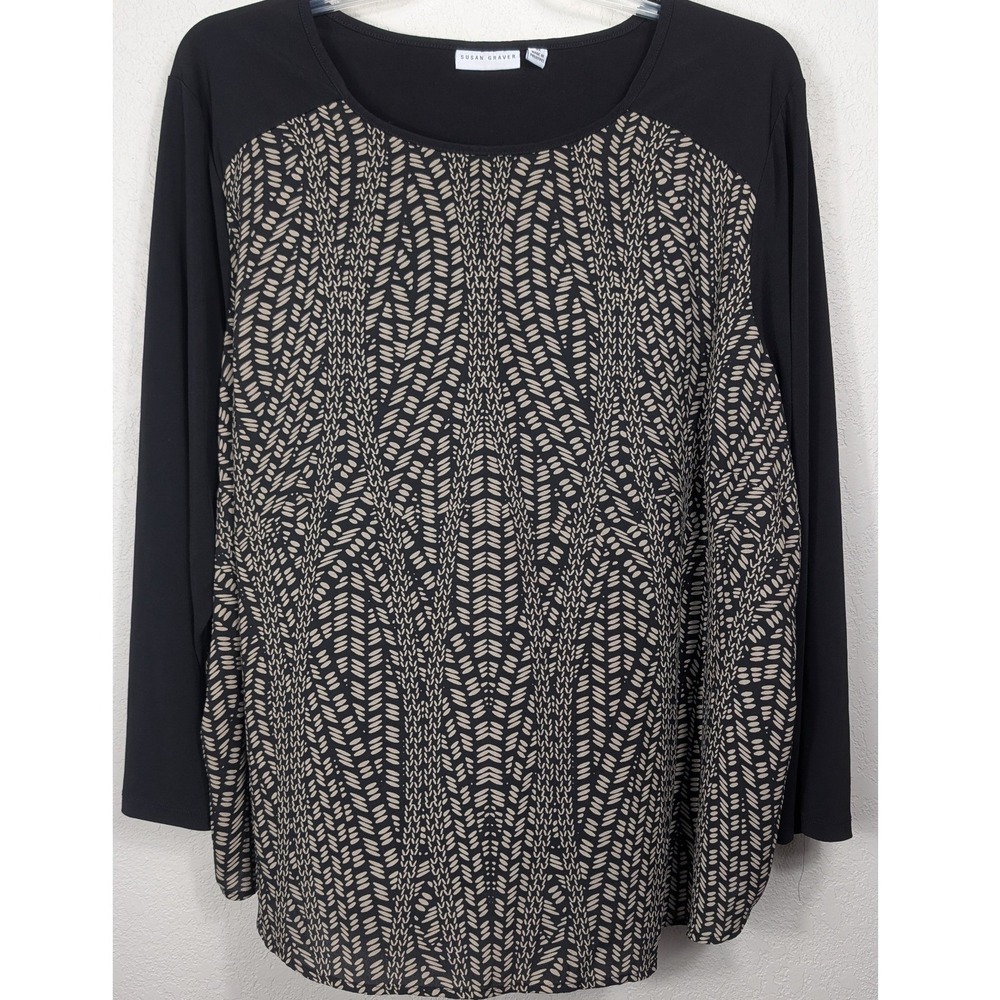 Susan Graver Tunic Top Women 3X Black Tan Mixed Media Long Sleeve A278881
